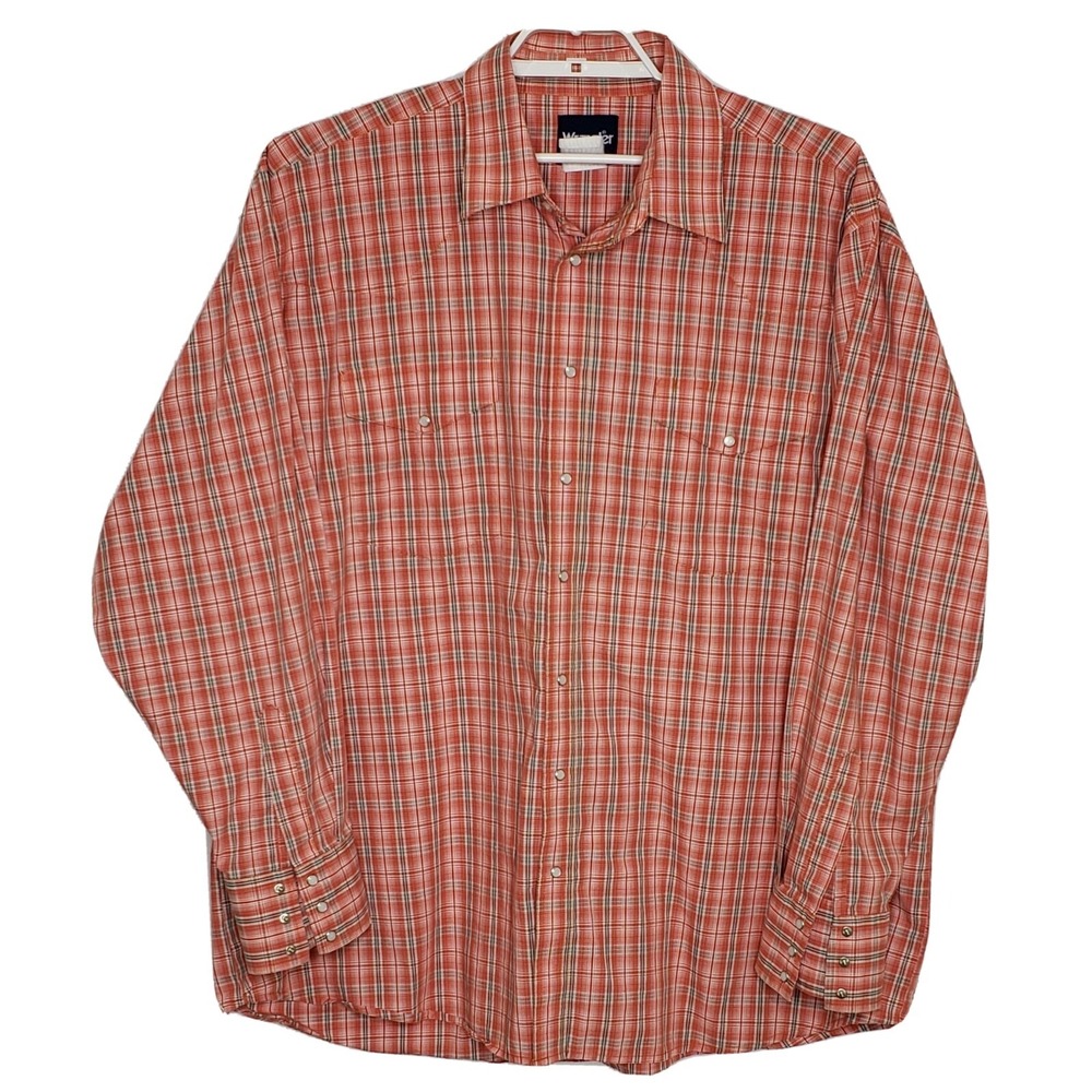 Wrangler Men Shirt 2X L/S Orange Plaid Western Pearl Snap Button Down Pockets